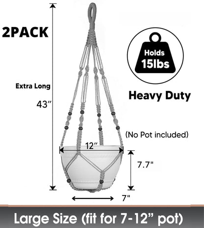 Shineloha 2 Pack 43 Inches Macrame Planter Hanger Large for 12 inch Pot + Swag Hook (Extra Long & Big) | Large Hanging Planter for Indoor Plants | No Tassel, Cotton Rope, No Pot/Plant Included
