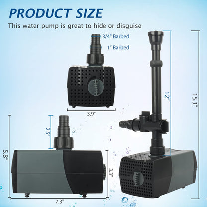 WaterRebirth (HSUP3000F) Submersible Water Pump With Fountain Jets - Pond Pump - Submersible Pump - Water Fountain Pump - Aquarium Pump