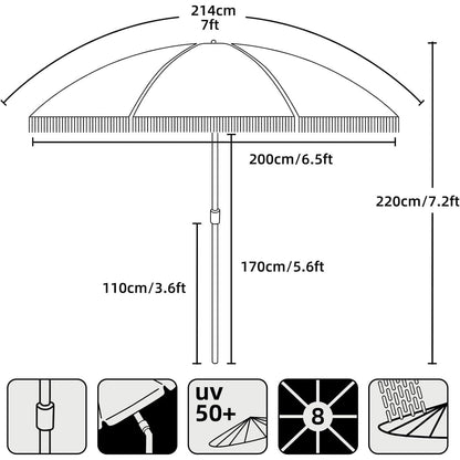 AMMSUN 7ft Patio Umbrella with Fringe Outdoor Tassel Umbrella UPF50+ Premium Steel Pole and Ribs Push Button Tilt, Pink Stripe