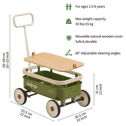 kidpop PULA-Wild 3-in-1 Kids' Pull-Along Wagon Toddlers Push Walker for 2.5-8, Removable Wooden Cover and Adjustable Handlebar, Birthday Gifts Max Weight 33 lbs (Green)