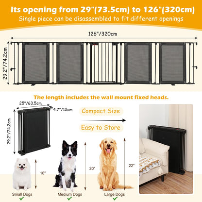 HIDOG Dog Gate Foldable Pet Playpen Extra Wide 29"-126", Auto Close Pet Gate Dog Fence Pressure Mounted Walk Through Swing Safety Pet Fence Indoor Puppy Date for Stairs, 29" Height-5 Panels, Black