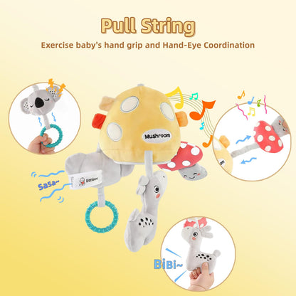 littlove Musical Baby Pull Vibration Toy for Car Seat 6-12 Months, Travel Sensory Toy 3 Months, Montessori Plush Toys for Roadtrip with Crinkle Textures Flutter Squeaky Mirror Newborn Infant Gift