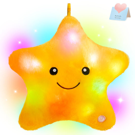 WEWILL 9'' LED Twinkle Star Soft Plush Pillow Toys Glowing Stuffed Star Light up Pillow Plush with Colorful Night Lights Birthday for Toddler Kids(Yellow)