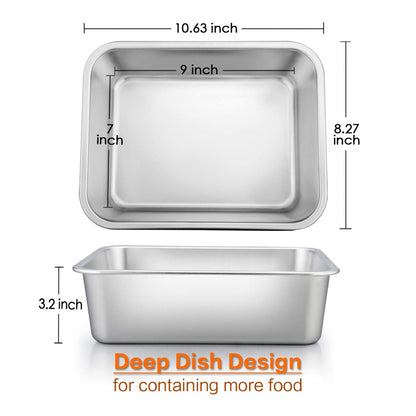 Lasagna Pan Set of 2, E-far Rectangular Deep Cake Baking Pans, Small Roaster Baking Dish Stainless Steel, 10.6x8.3x3.2 Inches, Non-Toxic & Heavy Duty, Dishwasher Safe