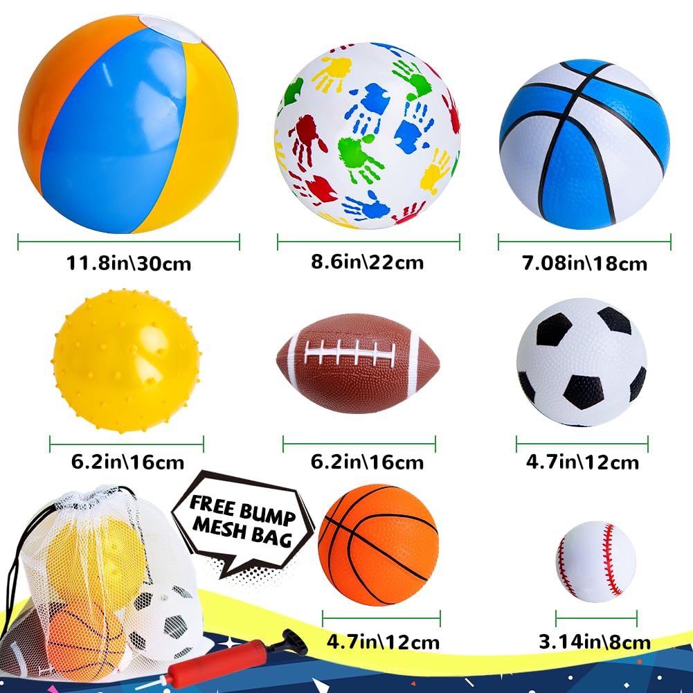 teytoy Set of 8 Sports Balls for Toddlers 1-3,Toddler Outdoor Toys,Soft Indoor Outdoor Ball Toys Boys Girls Kids Baby Ball-Basketball Baseball Football Rugby Bounce Ball Beach Ball with Free Bump/Bag