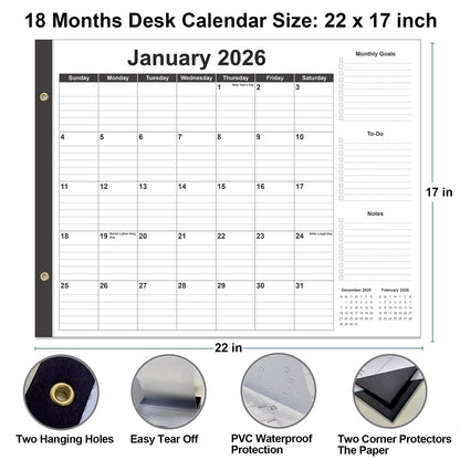 Large Desk Calendar 2026-22" x 17" Desk Calendar from January 2026 - June 2027, Desktop Pad Calendar Perfect for Planning and Organizing In Your Home, School or Office, Black