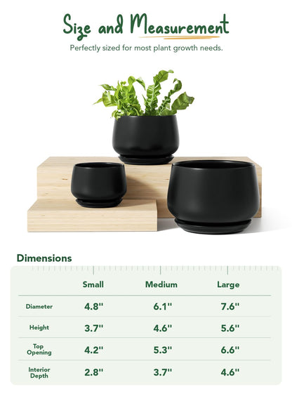 LE TAUCI Plant Pots, 4.1+5.1+6.5 inch, Set of 3, Ceramic Planters with Drainage Hole and Saucer, Indoor Flower Pot with Hole Mesh Pad, Gifts for Mom, Black