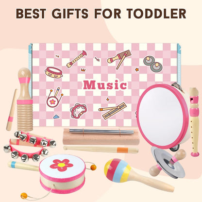Toddlers Musical Instruments for 1 2 3 Year Old Girl,Baby Montessori Wooden Musical Toys for Toddlers1-3 Year Old,Kids Musical Toy for Preschool,Christmas Birthday Gift for Baby Girls (Pink 8 in 1)