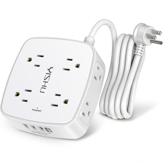 6 Ft Surge Protector Power Strip - 8 Widely Outlets with 4 USB Ports, 3 Side Outlet Extender with 6 Feet Extension Cord, Flat Plug, Wall Mount, Desk USB Charging Station, ETL,White