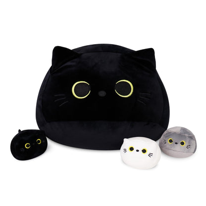 WeBingo Black Cat Plush Toy 4-Piece Set, 16'' Giant Cat Stuffed Animal Plushies Pillow with 3 Babies for Girl Boy Kid Adult, Large Big Soft Gift for Birthday Christmas Valentine's Day Home Decor