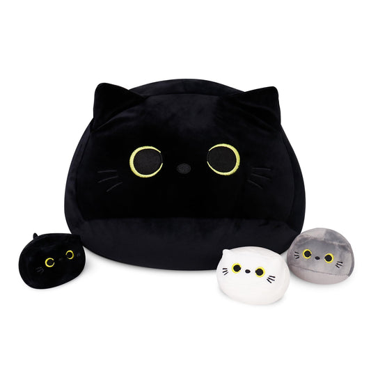 WeBingo Black Cat Plush Toy 4-Piece Set, 16'' Giant Cat Stuffed Animal Plushies Pillow with 3 Babies for Girl Boy Kid Adult, Large Big Soft Gift for Birthday Christmas Valentine's Day Home Decor