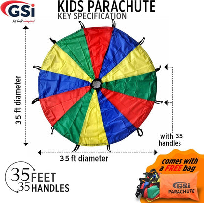 GSi Kids Play Parachute Rainbow Parachute Toy Tent Game for Children Gymnastics Cooperative Play and Outdoor Playground Activities (35 Feet)