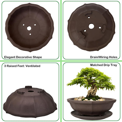 MUZHI 6.8 inch Unglazed Flower Shape Ceramic Bonsai Pot Bowl with Saucer,Classic Retro Zisha Pottery Planter Round for Tree Cactus Succulent Arrangement