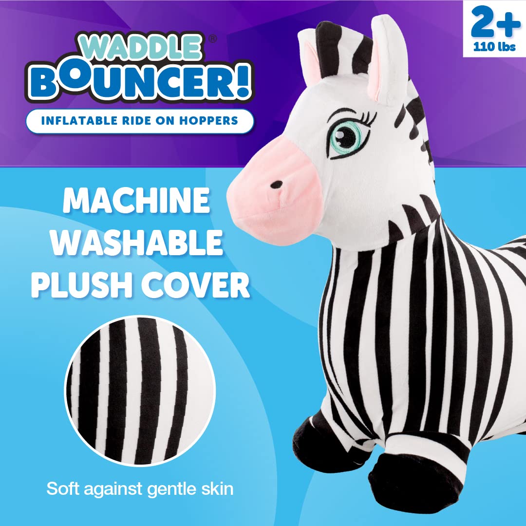 WADDLE Bouncy Hopper Inflatable Animal Hopping Plush, Indoor and Outdoor Toy for Toddlers and Kids, Pump Included, Boys and Girls Ages 2 Years and Up (Zebra)