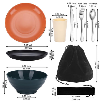 Kyraton Camping Utensils - Mess Kit for Travel, Picnic, Outdoor, Camping Gear - Silverware Set, Cup, Bowl, Plate - Essentials for 4