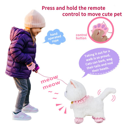 Jimate Interactive Electronic Plush Toy Walking and Barking Robot Cat Plush Cat Remote Control Kitten for Girls (White Cat)