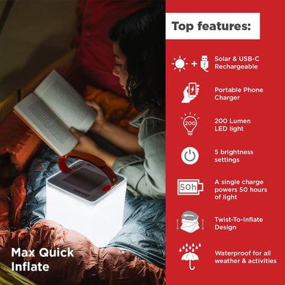 LuminAID Max Quick Inflate 2-in-1 Solar Camping Lantern and Phone Charger - Rechargeable LED Lamp for Camping, Hiking & Travel - Waterproof Emergency Light for Power Outages, Hurricane, Survival Kits