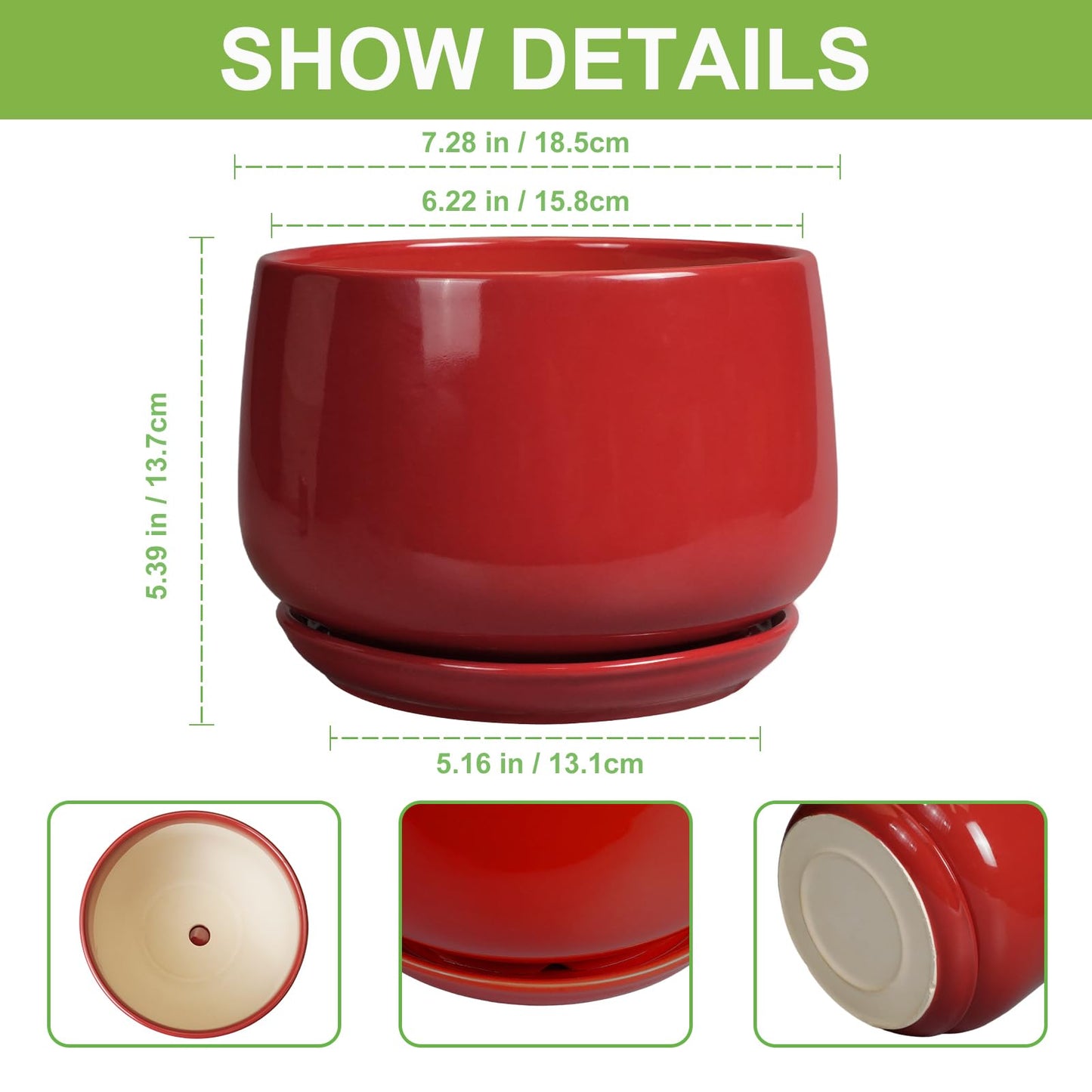 G EPGardening Ceramic Planter 7 Inch - Flower Pots for Indoor Plants, Round Planter with Drainage and Ceramic Tray, Modern Plant Pot, Bathroom Decor, Teacher Gifts, Red