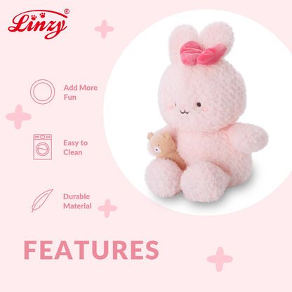 Linzy 10” Bowtie Bunny Stuffed Animal Holding Bear, Soft Pink Plush Toy for First Day of School, Birthday, Christmas, Valentine’s Day & Holidays, Plushie for Girls, Toddler, Kids & Women