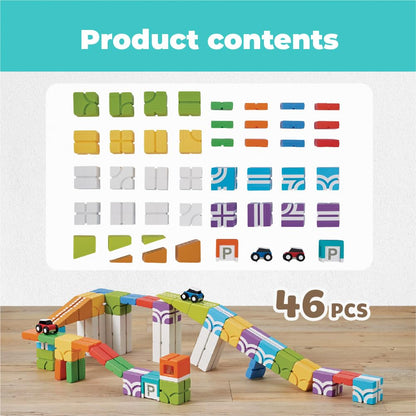 QBI Magnetic Building Blocks Car Track Set, STEM Building Toys for Kids Ages 4-8, Magnetic Cubes with 2 Push-and-Go Cars, Ramps & Track Plates, Montessori Birthday Gift (46PCS)