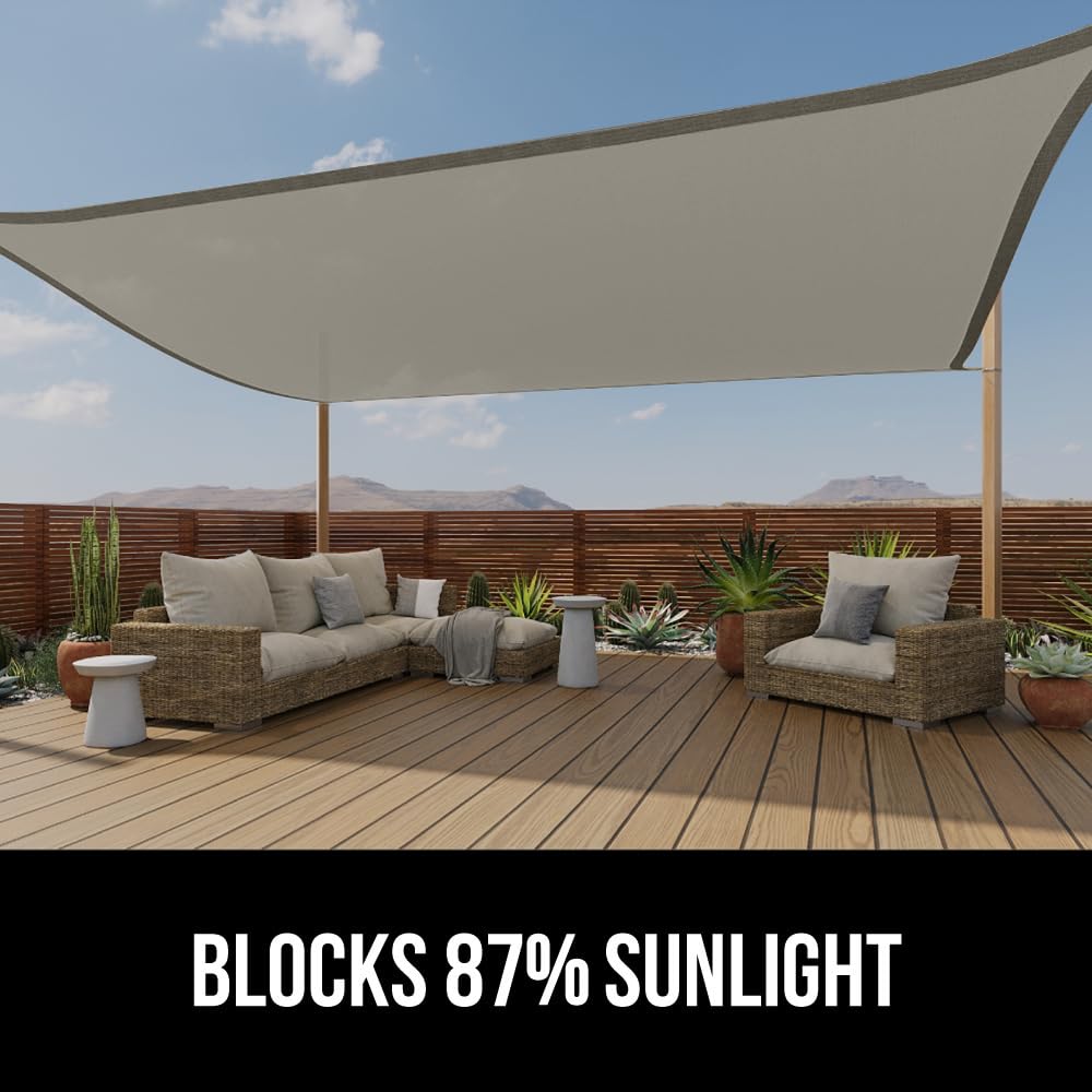 GORILLA GRIP Heavy Duty Sun Shade, UV Protection Fade Tear and Rust Resistant Rectangle Sunshade Canopy, Curved Edges Blocks Sunlight, Breathable Sail, Outdoor Patio, Lawn Garden 12x16 FT Gray