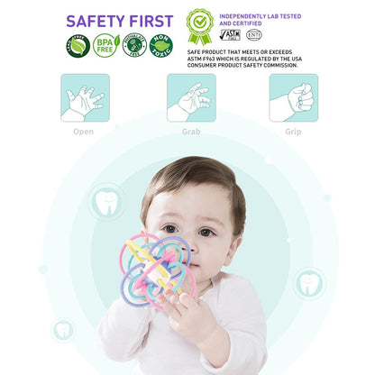 WEofferwhatYOUwant Baby Sensory Teether Ball Soft Rattle Rings for Teething Relief Chewing Grasping BPA Free Newborn Infant Toy 0-6 Months Montessori Soothing Portable Developmental Toy