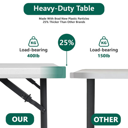 MAKE CHANGES Folding Table 4ft - Heavy Duty Fold-in-Half Plastic Table with Adjustable Height, Portable Utility Tables with Steel Legs for Indoor, Outdoor, Picnic, Camping, Dining, Party (White)