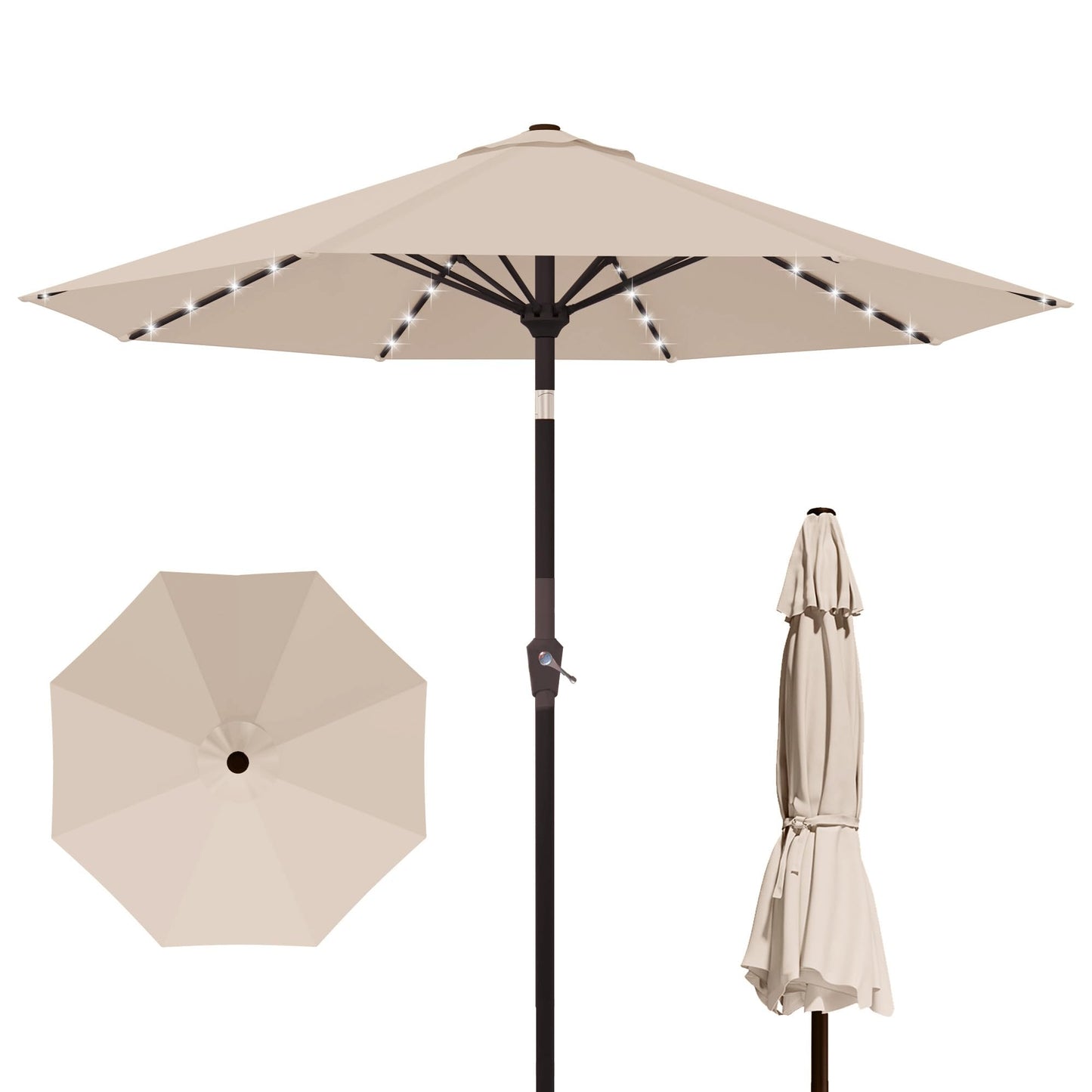 Kingdura 10FT Outdoor Patio Umbrella with Solar Lights, Market Table Umbrella with Push Button Tilt & Crank, 8 Sturdy Ribs, 32 LED Lights, UV Protection for Garden Lawn Deck Backyard Pool (Beige)