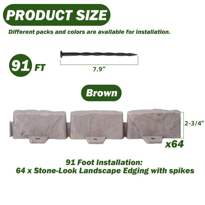 Landscape Edging Faux Stone Garden Edging Border with Anchoring Spikes,2.75 in Tall Decorative Stone-Look Garden Border for Flower Bed Edging,Lawn,Landscaped Yard,Trees and Gardens,91FT,Brown
