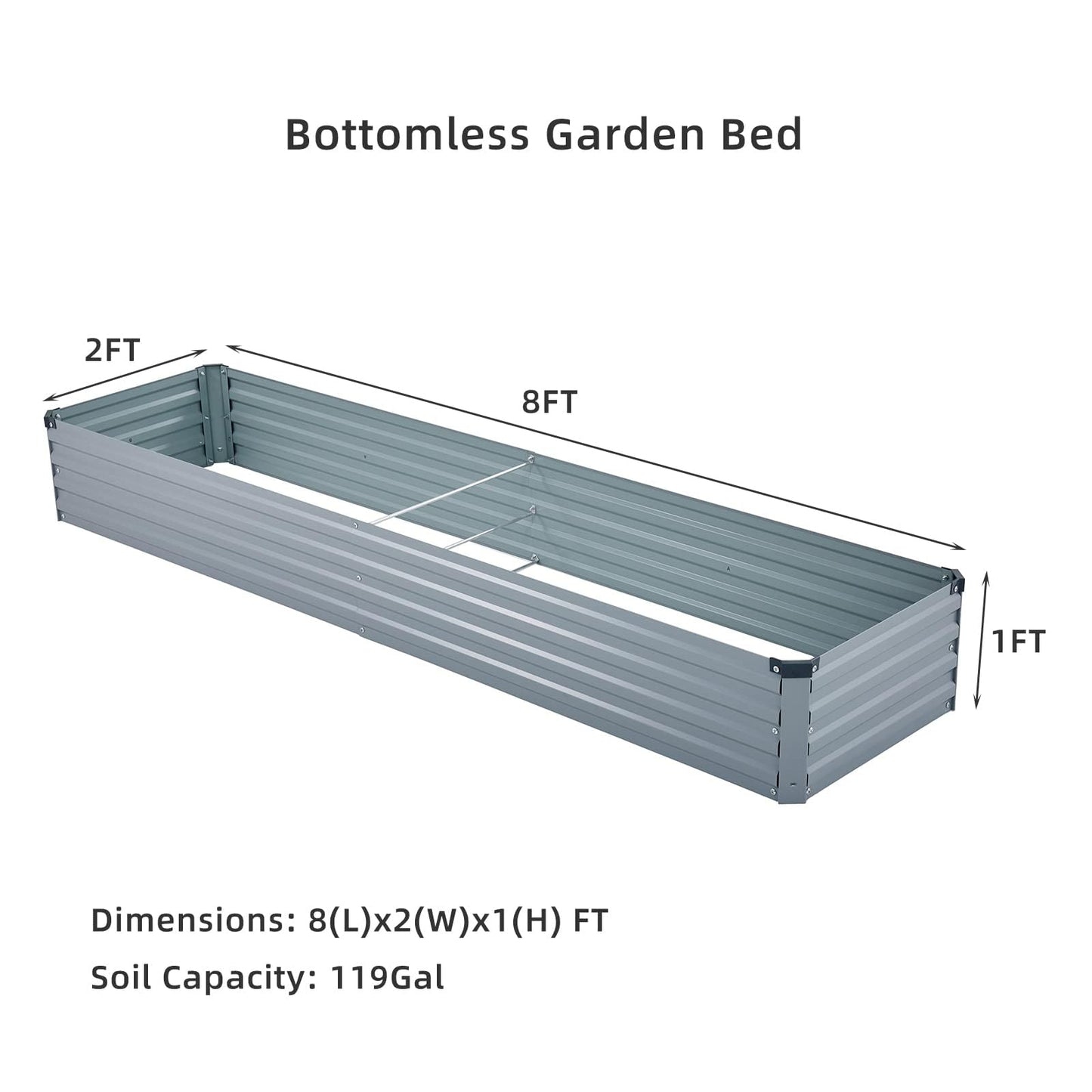 Meberam 2 Pack 8x2x1FT Galvanized Raised Garden Bed Kit, Outdoor Metal Planter Box for Vegetables, Bottomless Rectangular Gardening Bed with Support Rods, Tool-Free Assembly, Gray