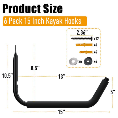 UNITEDPOWER Kayak Storage Racks, Garage Hangers, Wall Hooks for Canoe, Ladder, Bicycle, Folding Chairs, Surfboard, Snowboard, Hose and Tools, Indoor, Outdoor 6-Pack