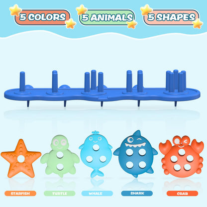Silicone Baby Bath Toys – Stackable, Shape-Sorting Floating Set with 10 Mold-Free Textured Pieces, No-Hole Design – Early Learning Bathtub Toys for Toddlers and Kids