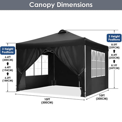 COBIZI Canopy 10x10 Pop Up Canopy Tent with 4 Sidewalls, One Push Party Tents for Parties Outdoor Wedding Waterproof Gazebo Commercial Event Tent with Sandbags, Classic Black
