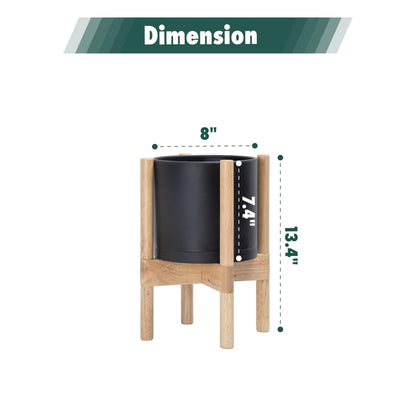 D'vine Dev Planter Pot with Stand - 8 Inch Plastic Cylinder Flower Pot with Wood Planter Holder for Indoor, Matte Black Pot + Natural Stand, 55-C-J-2