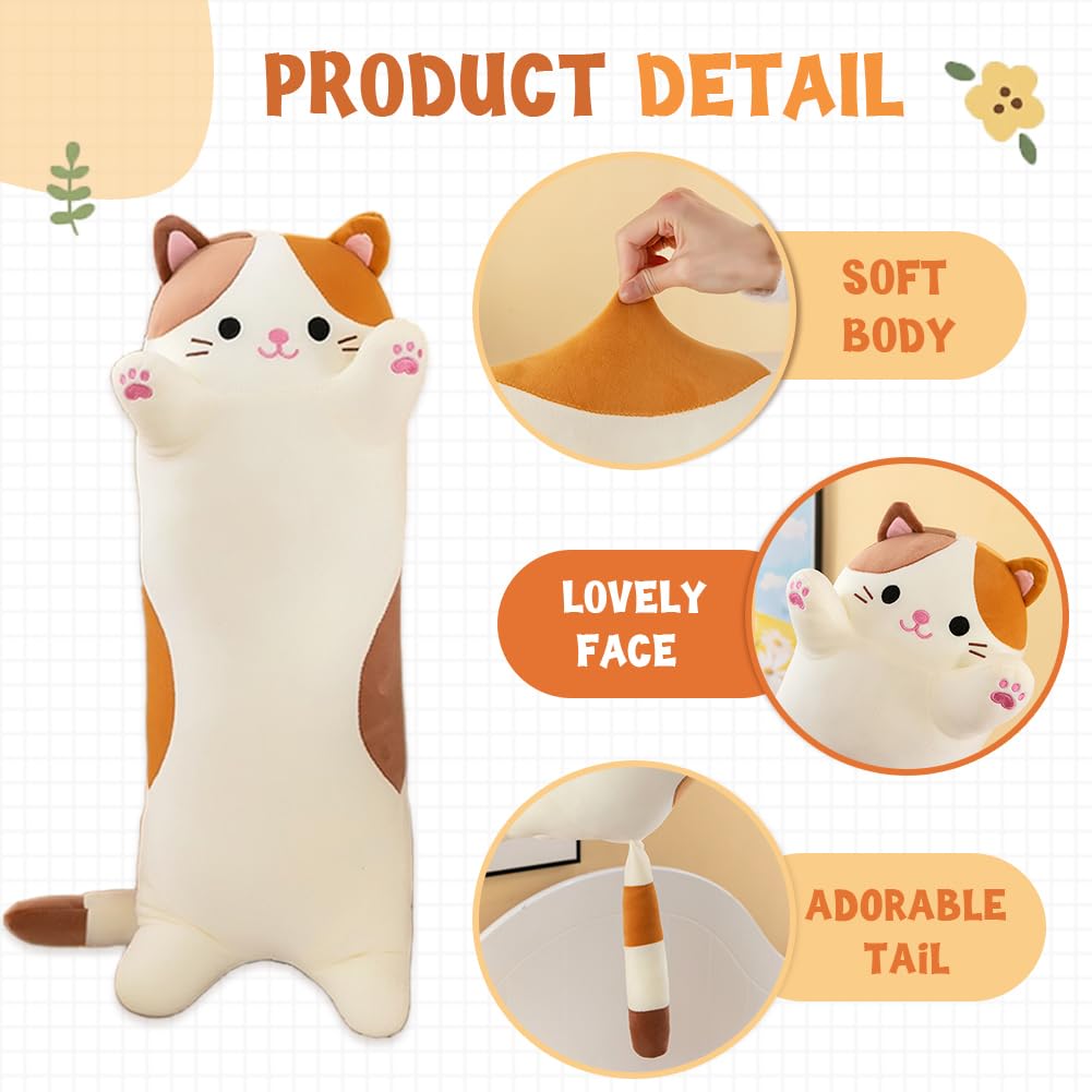 Cat Plush Stuffed Animals Cute Long Cat Body Pillow Plushies Soft Huggable Kitty Pillows for Girls Kids Adults Cat Lovers (New Beige, 27inch)