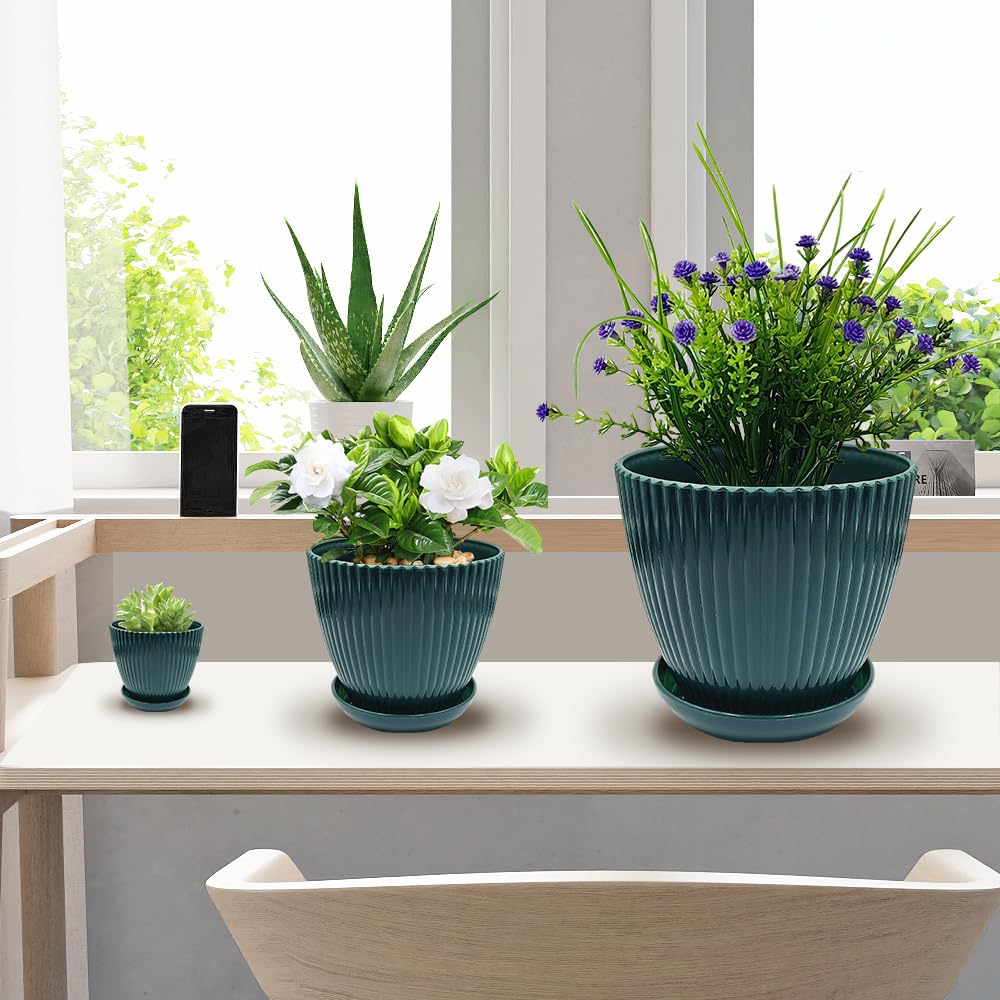 RooTrimmer 7.5/6.5/5.5/4.9/4.2/3.5 Inch Plant Pots with Saucers & Drain Holes - Indoor/Outdoor Flower Pots for Succulents, Herbs, Cactus - Modern Lightweight Durable Planter Set, Dark Green