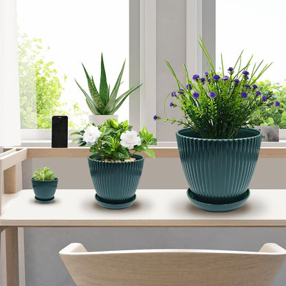 RooTrimmer 7.5/6.5/5.5/4.9/4.2/3.5 Inch Plant Pots with Saucers & Drain Holes - Indoor/Outdoor Flower Pots for Succulents, Herbs, Cactus - Modern Lightweight Durable Planter Set, Dark Green