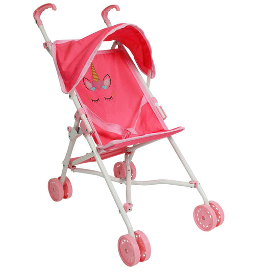 My First Baby Doll Stroller for Toddlers 1-3 Year Old Girls, Little Kids | Toy Stroller with Bottom Storage Basket, Foldable Frame, Canopy, Seatbelt - Unicorn (Pink)