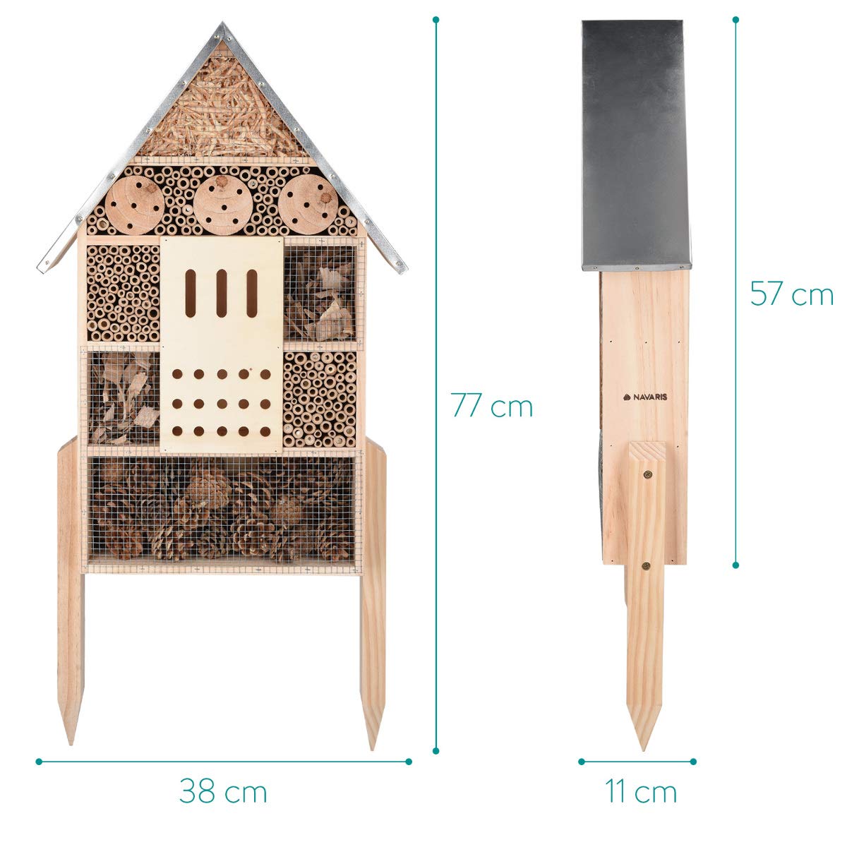 Navaris Insect House with Stakes - Extra Large Wooden Bug Hotel 22.4" H x 15" W - Bee, Butterfly, Ladybug Natural Nesting Habitat for Garden and Yard