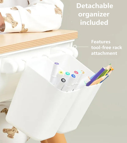 Tonlevo Toddler Desk & Chair Set - Adjustable Height Kids Table with Storage, Solid Wood Legs, Ergonomic for Arts & Crafts, Learning, Snacks & Play (Ages 1-8) - Tool-Free Assembly, White/Natural Wood