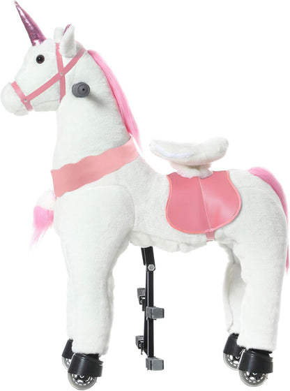 PONYEEHAW Ride on Unicorn Toys, Kids Riding Unicorn Toys Ride on Toys for 6-14 Years Old, Premium Plush Animals Toys Walking Unicorn with Wheels (White and Pink, 31.5" L x 13" W x 36.2" H)