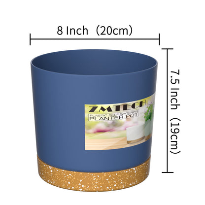 ZMTECH Plant Pots, Set of 3 8'' Self Watering Plastic Planter with Drainage Hole and Saucer, Modern Decorative Flower Pot for Indoor Outdoor House Plants, Succulents, Flowers - Blue