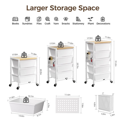 Rolling Cart with 3 Drawers, Plastic Drawer Storage Carts with Lockable Wheels & Wooden Tabletop, Metal Utility Cart Organizer, Office Bedroom Classroom Craft Organization and Storage, Bright White
