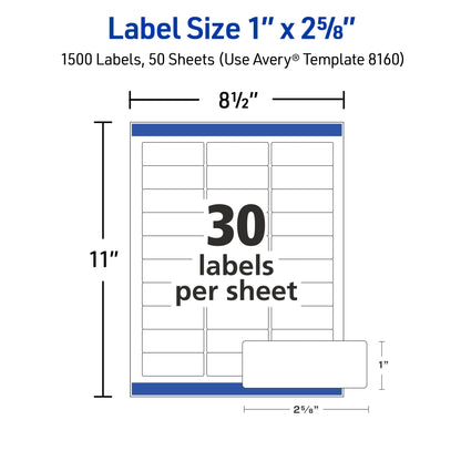 Avery Easy Peel Printable Address Labels with Sure Feed, 1" x 2-5/8" Customizable Stickers, White, 1,500 Blank Mailing Labels, Great for Mailing, Shipping, and More (2-Pack of 08160)