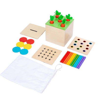 4 in 1 Montessori Play Kit Box - Cotton Swab Board, Coin Box, Carrot Harvest Game, Matchstick Color Drop Game Montessori Toys for Babies 6-12 Months, 1 Year, 2 Year