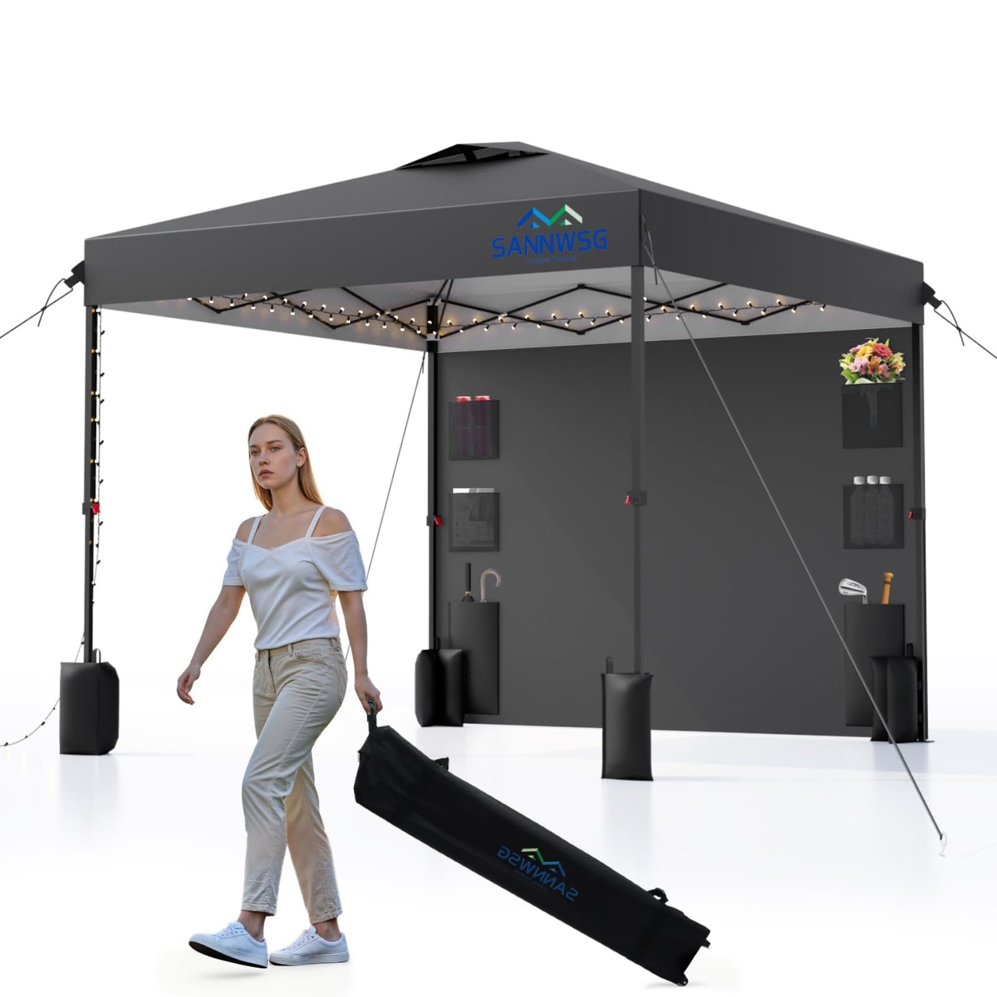 10X10 Pop Up Canopy Tent,Removable Pockets Sidewall for Extra Storage,Easy Up Canopy,Heavy Duty One Person Set Up Event Tent,Grey