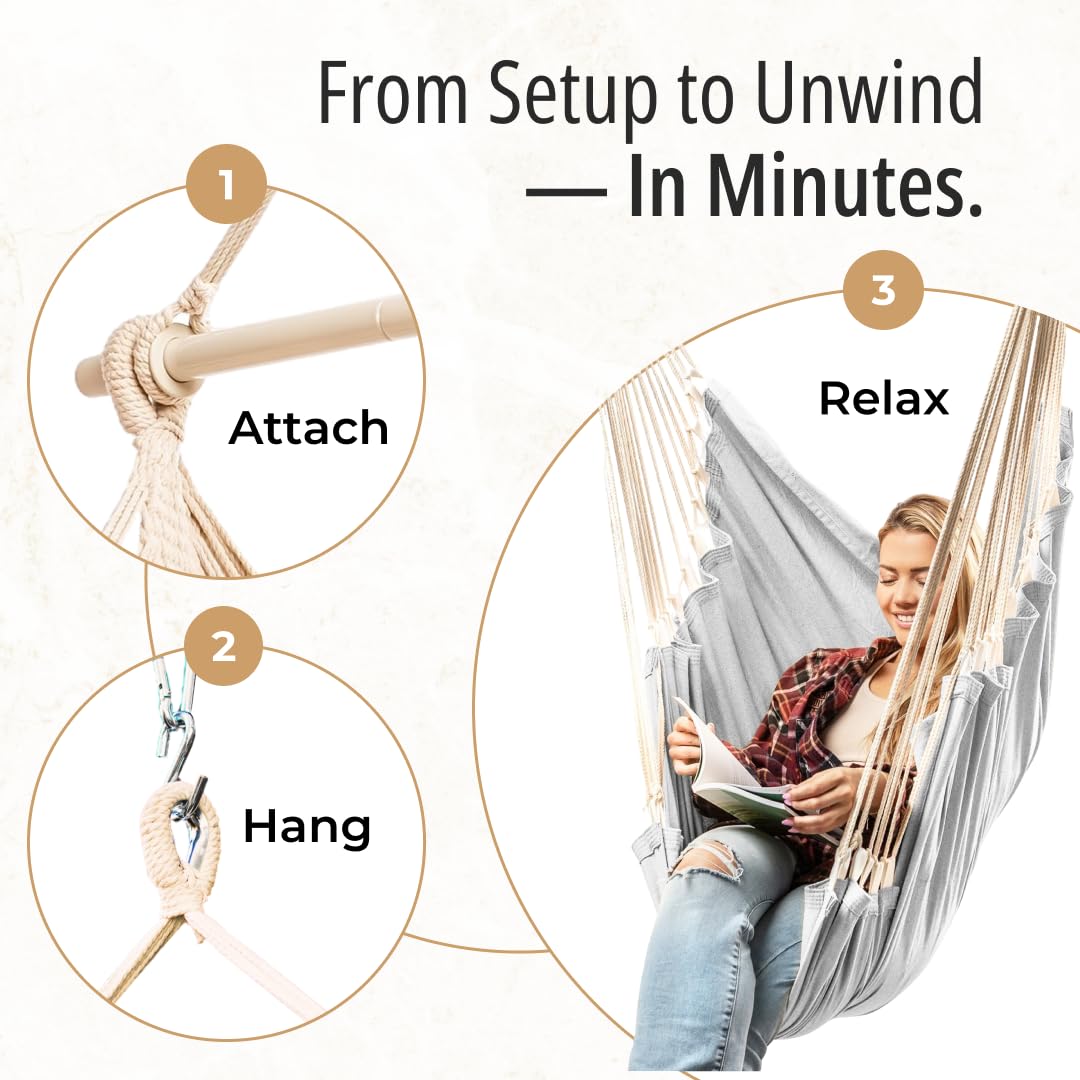 Hanging Hammock Chair Swing - Hammock Swing Chair with Foot Rest - Indoor/Outdoor Hanging Chair - Quick & Easy Setup with Durable Hardware – Spacious Full Body Support – Holds 440 Lbs