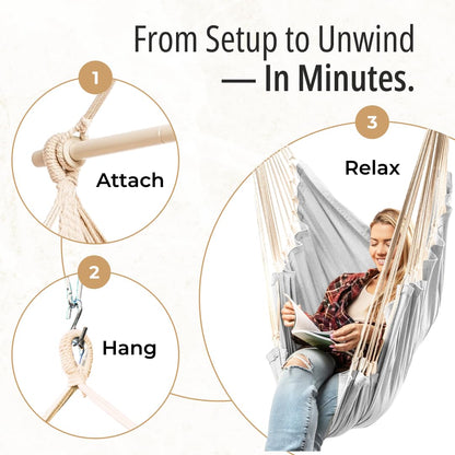 Hanging Hammock Chair Swing - Hammock Swing Chair with Foot Rest - Indoor/Outdoor Hanging Chair - Quick & Easy Setup with Durable Hardware – Spacious Full Body Support – Holds 440 Lbs