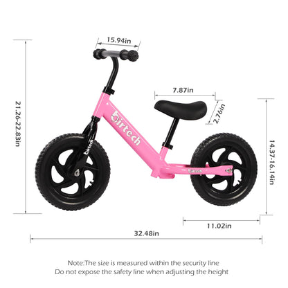 Birtech 12 Inch Toddler Balance Bike for Kids 2-6 Years Old, Adjustable Seat Height, Indoor Outdoor Toy Bicycle With No Pedals, Pink