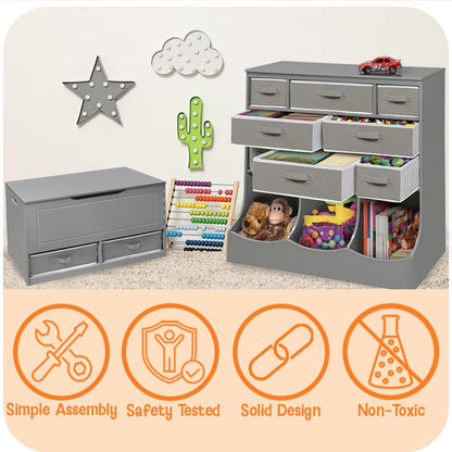 Badger Basket Multi-Bin Storage Cubby for Kids - Toy Organizer with 3 Cubbies, 2 Open Shelves, Display Top for Playroom or Bedroom - Storage Unit for Toys, Books & More - Gray